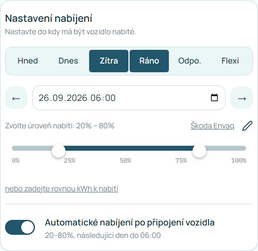 Zapnuté automatické nabíjení s popisem uloženého nastavení