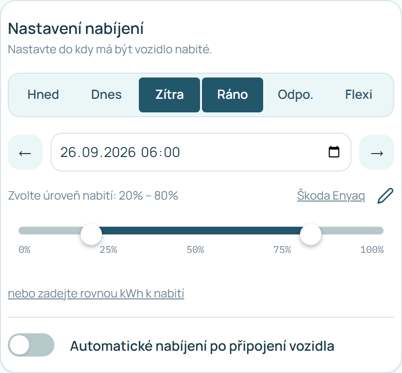 Nastavení nabíjení na stránce nabíječky