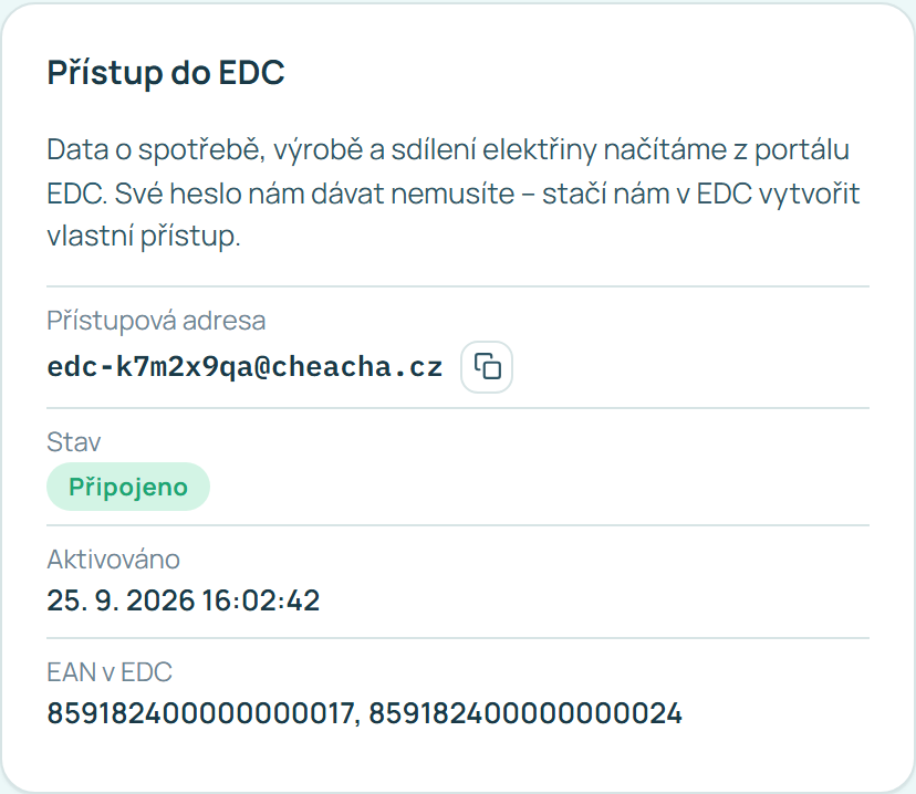 Připojený přístup do EDC s viditelnými EAN