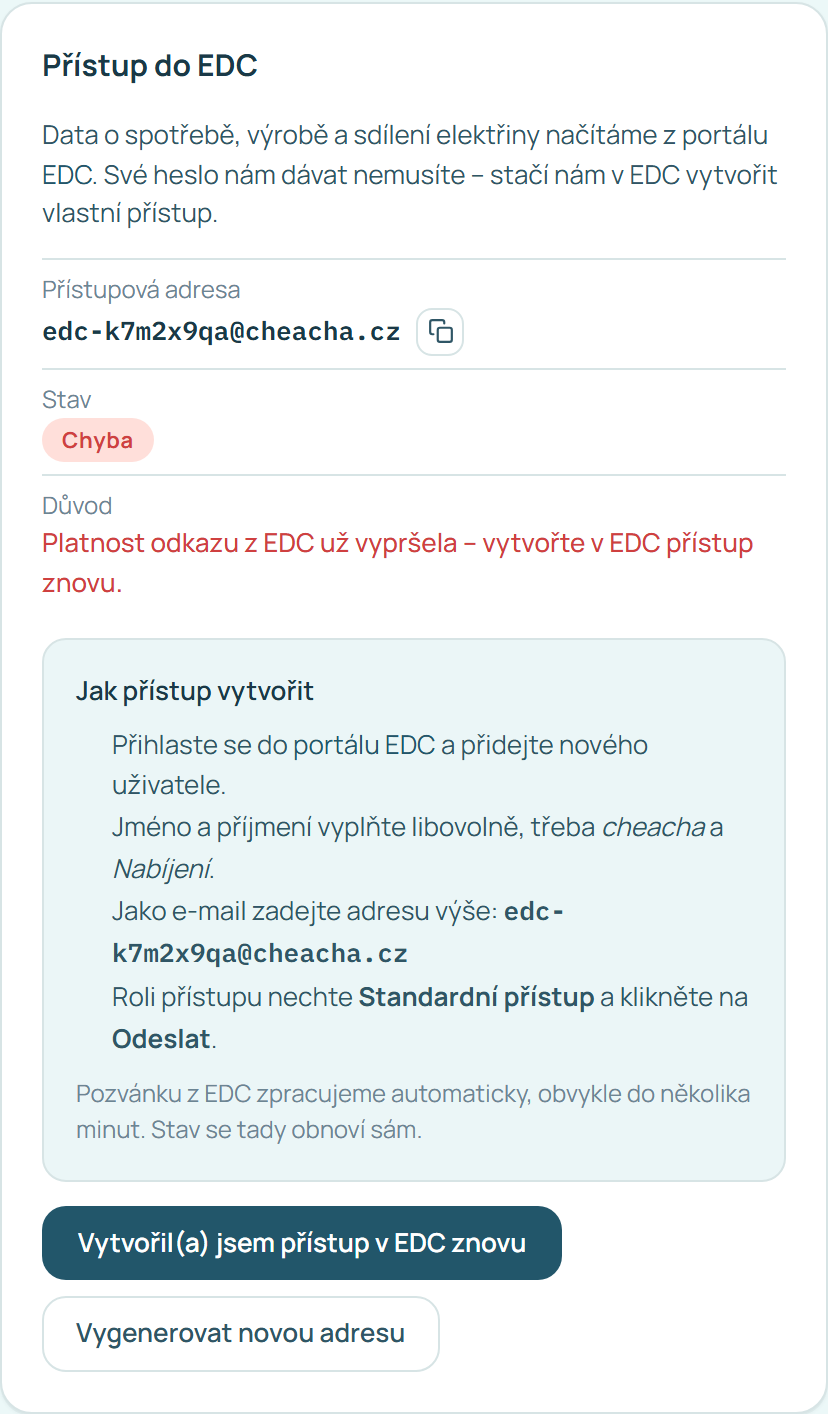 Karta Přístup do EDC ve stavu chyby s popisem důvodu