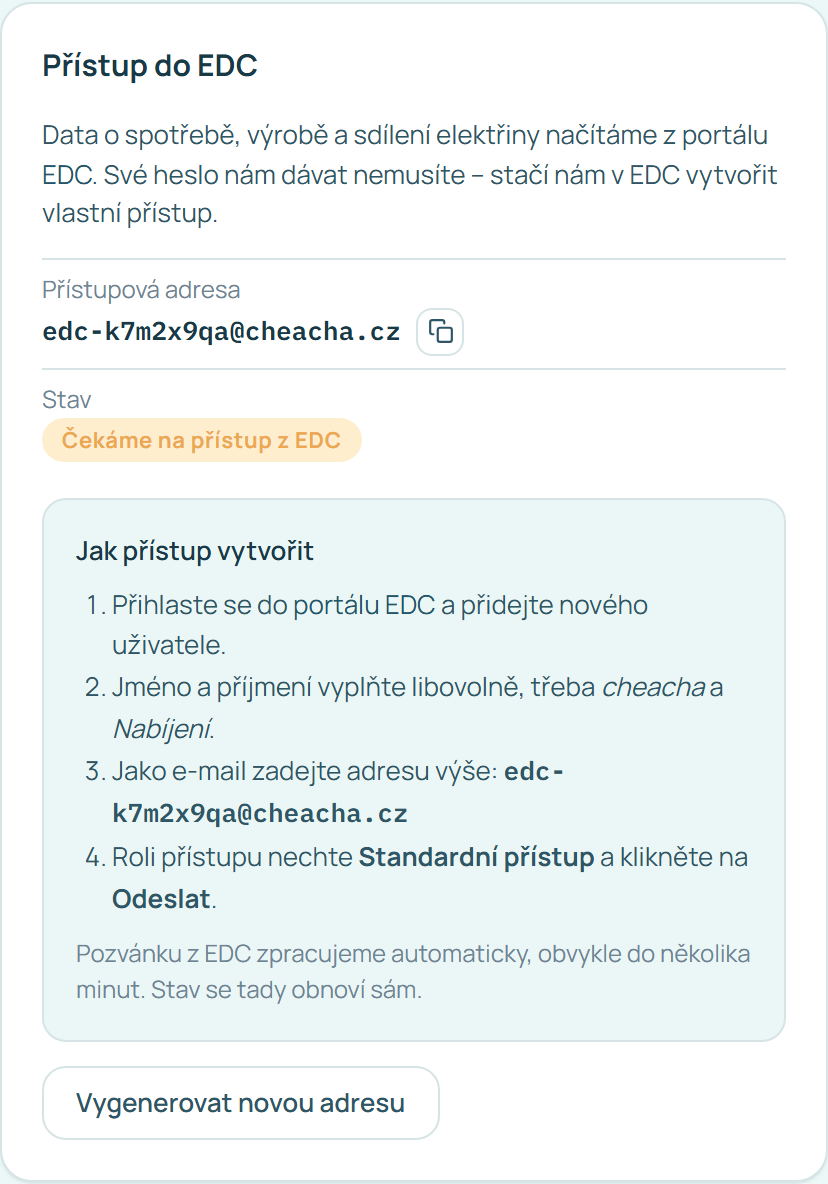 Vygenerovaná přístupová adresa a postup, jak přístup v EDC vytvořit