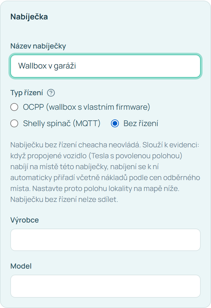 Formulář registrace nabíječky s typem řízení Bez řízení
