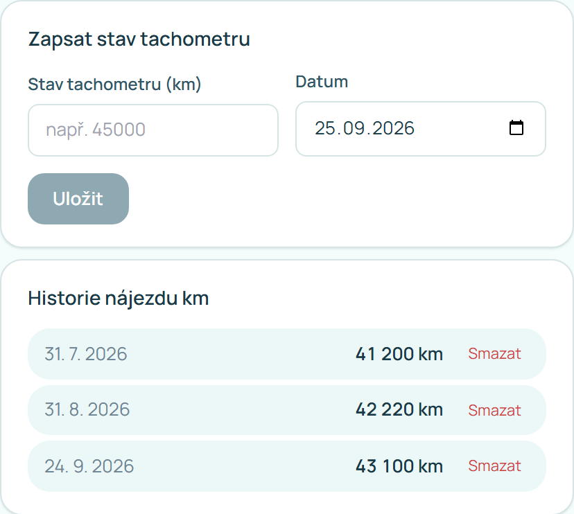 Zápis stavu tachometru a historie nájezdu km