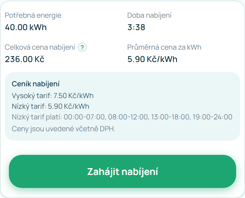 Ceník nabíjení na stránce nabíječky