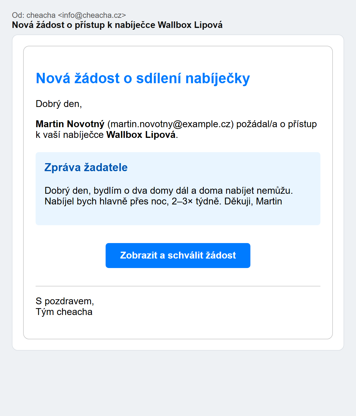 E-mail Nová žádost o přístup k nabíječce