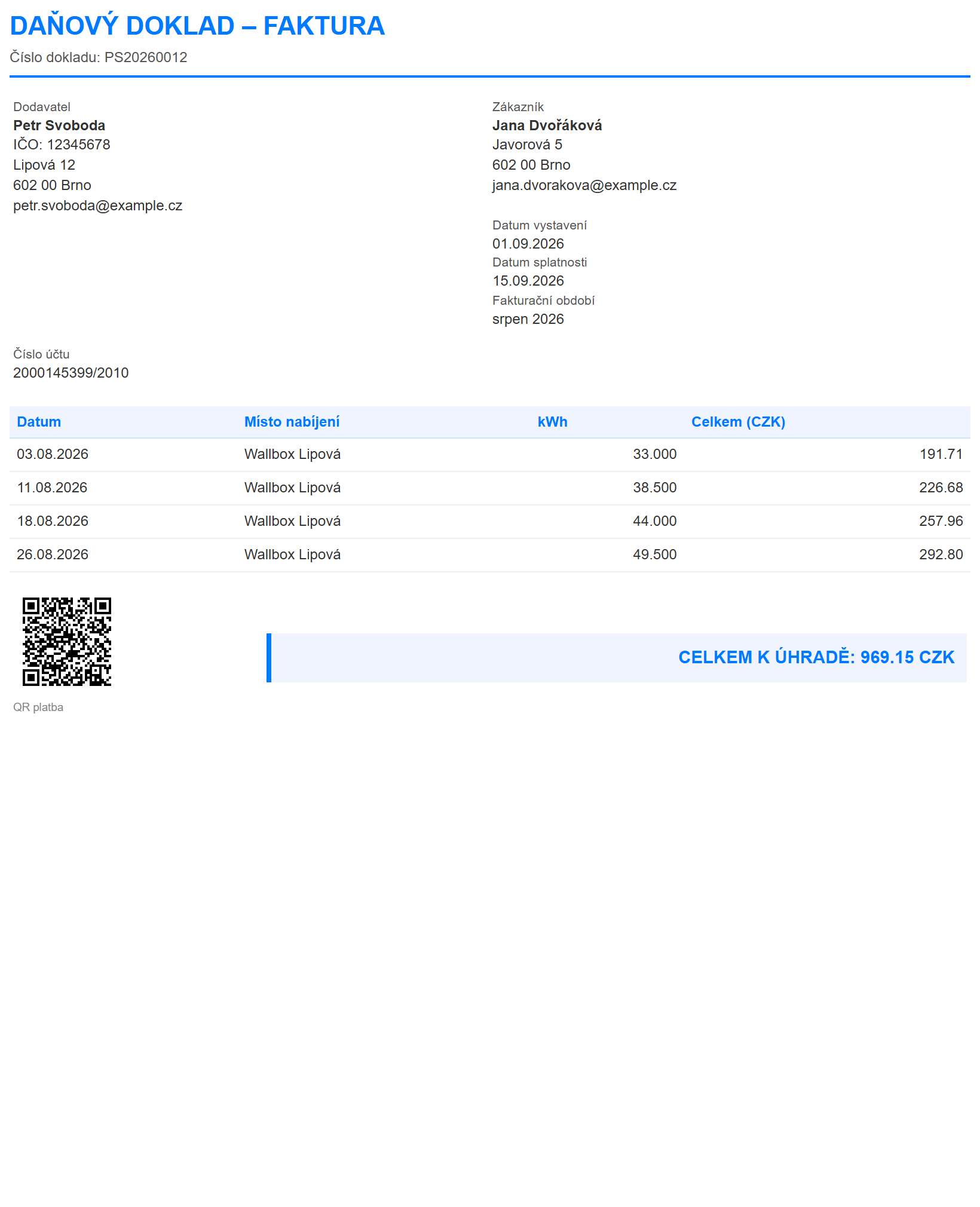 Ukázková měsíční faktura za nabíjení s QR platbou
