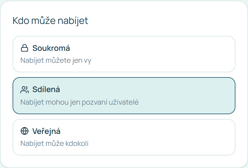 Stránka Sdílení nabíječky s volbou Soukromá, Sdílená nebo Veřejná