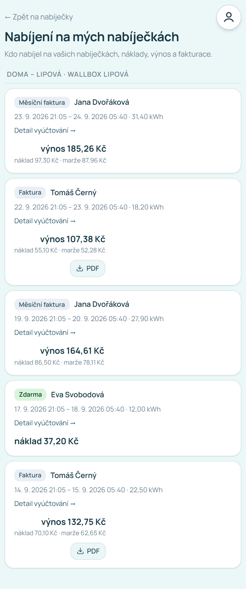 Přehled Nabíjení na mých nabíječkách s výnosem a nákladem