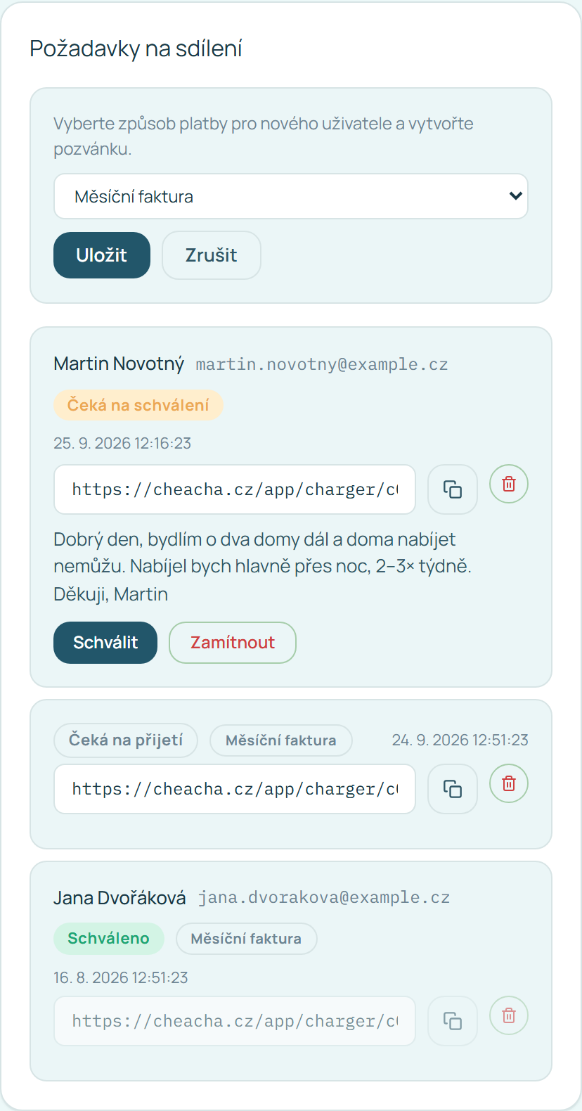 Vytvoření nové pozvánky s výběrem způsobu platby