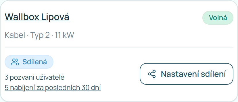 Stránka nabíječky s přehledem sdílení a tlačítkem Nastavení sdílení