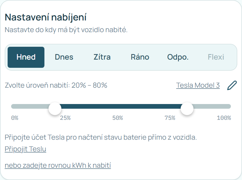 Nastavení nabíjení s výzvou Připojit Teslu