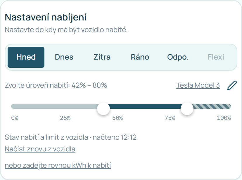Nastavení nabíjení s úrovní nabití načtenou z vozidla