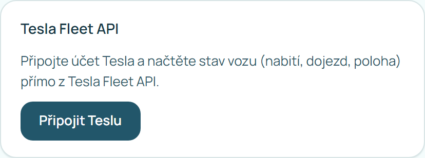 Karta Tesla Fleet API s tlačítkem Připojit Teslu