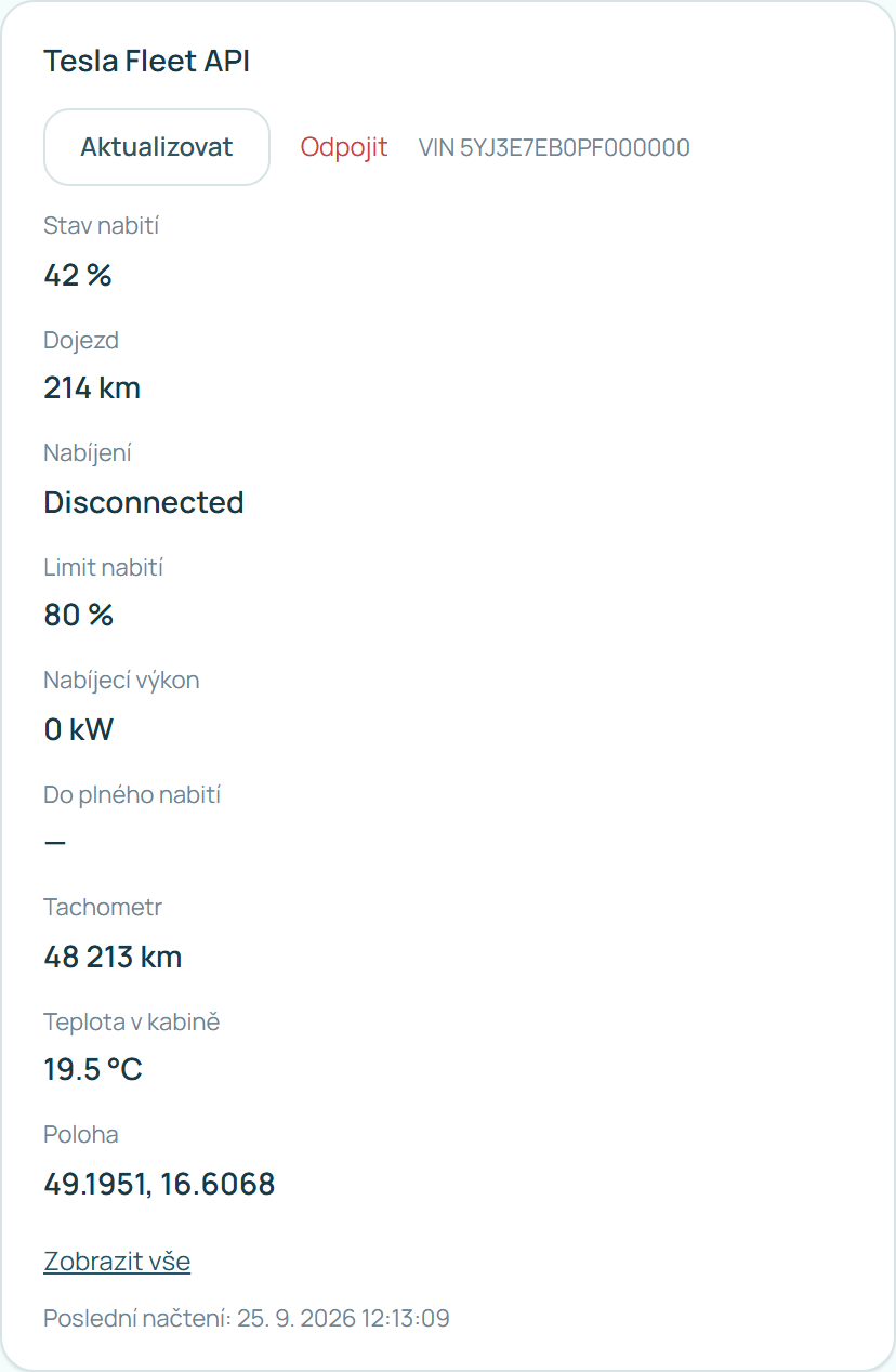 Přehled propojené Tesly: stav nabití, dojezd, limit nabití, tachometr