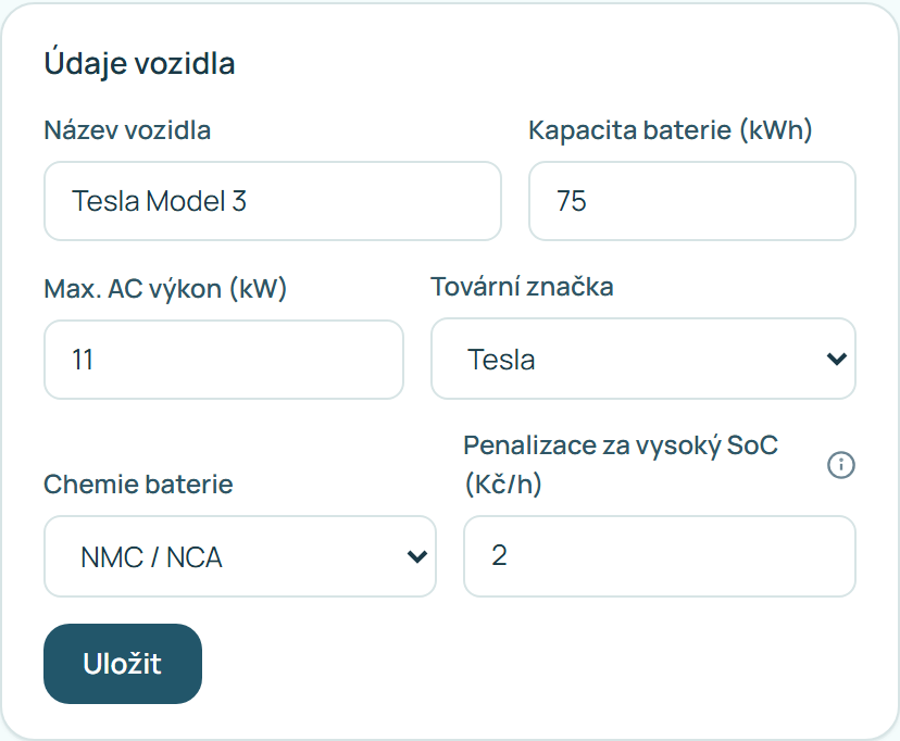 Karta Údaje vozidla s tovární značkou Tesla