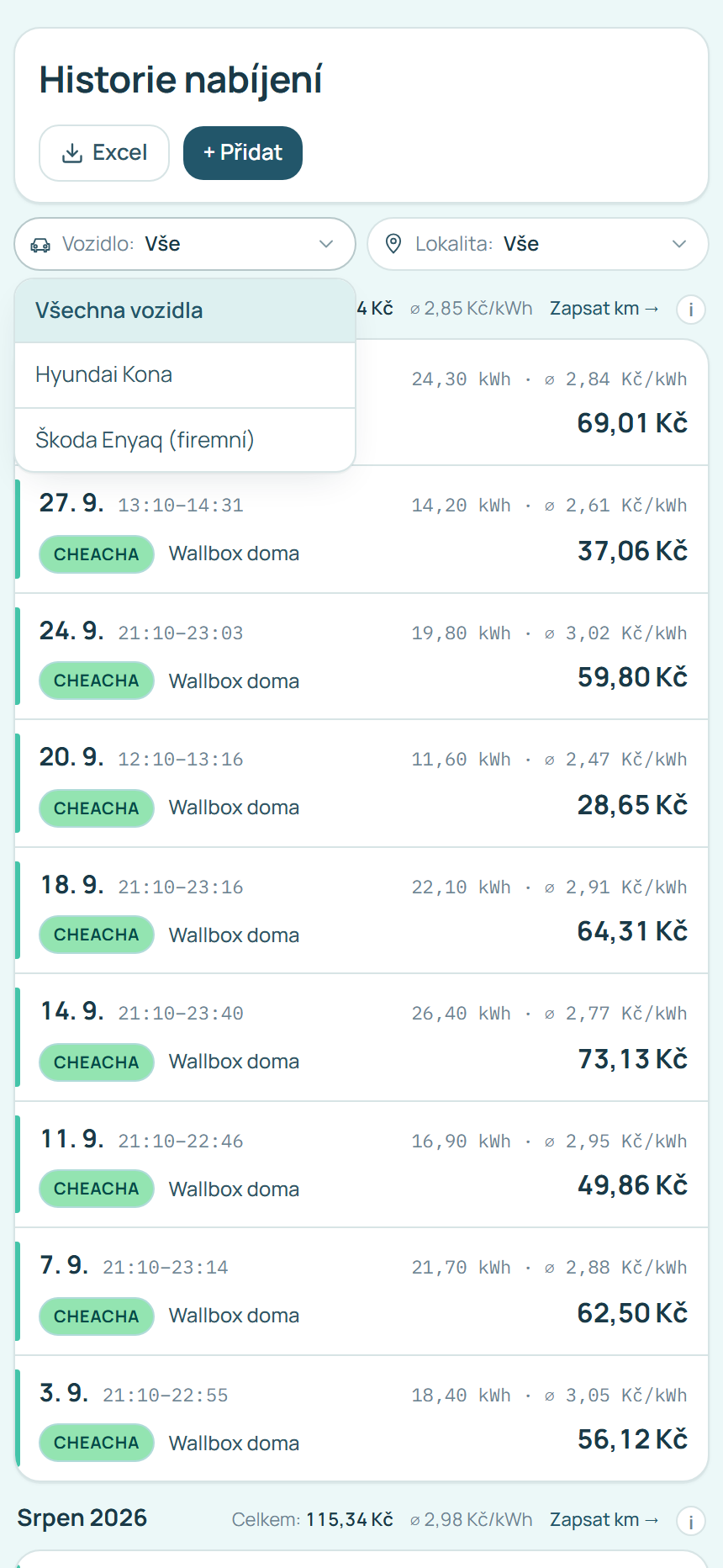 Historie nabíjení v aplikaci cheacha s filtrem podle vozidla, včetně firemního auta